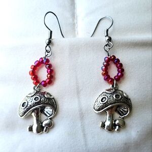 Silver Mushroom Earrings with Red Beads